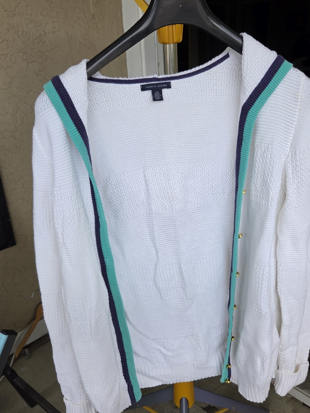 Tommy Hilfiger Preppy Nautical White Hooded Knit Cardigan with Teal & Navy Trim